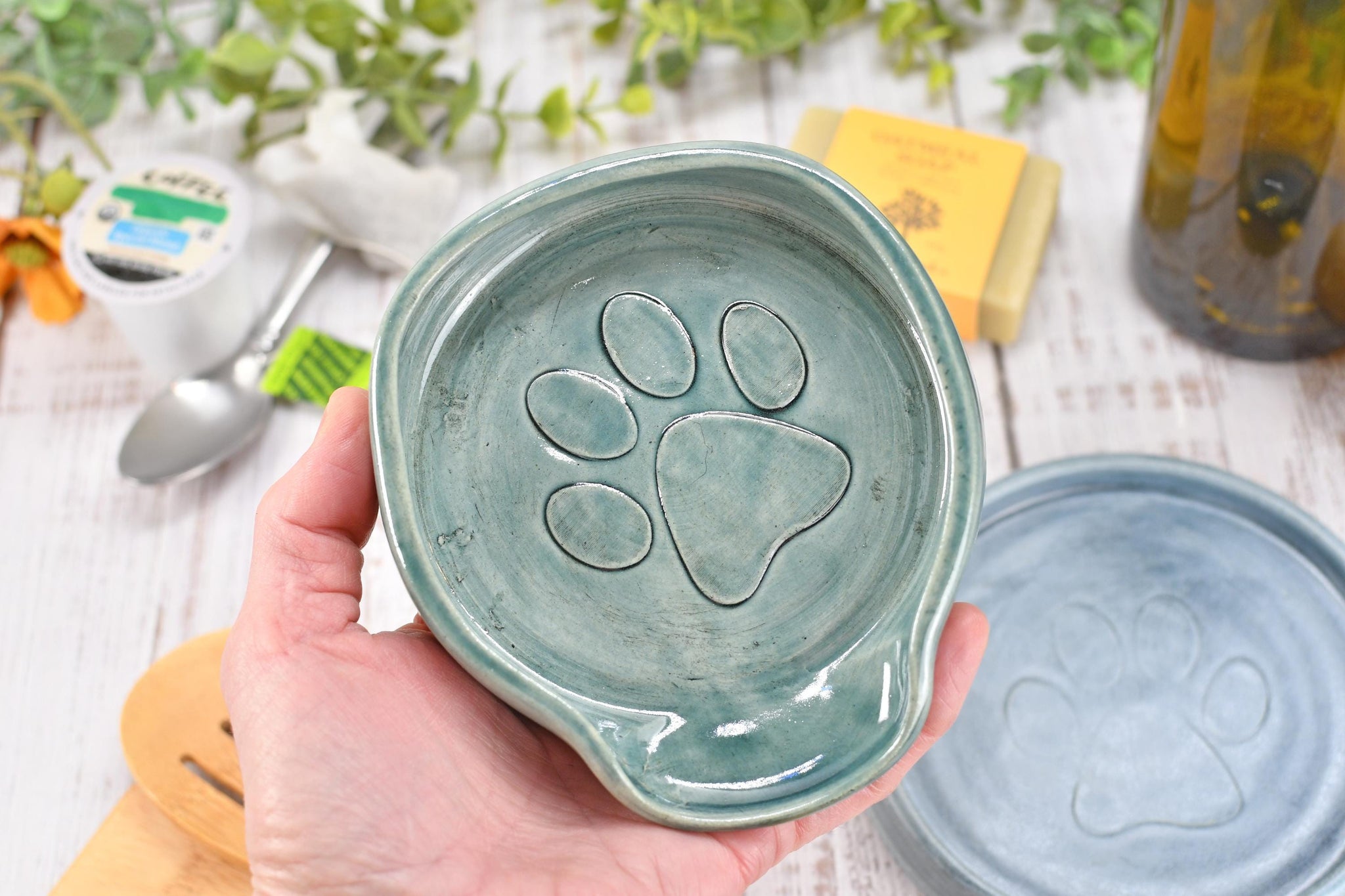 Paw Print Ceramic Spoon Rest Stove Top Wine Bottle Drip Dish Handmade Stoneware Pottery Dog Cat Animal Lover Gift Coworker Friend Mom Blue