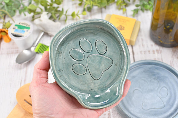 Paw Print Ceramic Spoon Rest Stove Top Wine Bottle Drip Dish Handmade Stoneware Pottery Dog Cat Animal Lover Gift Coworker Friend Mom Blue
