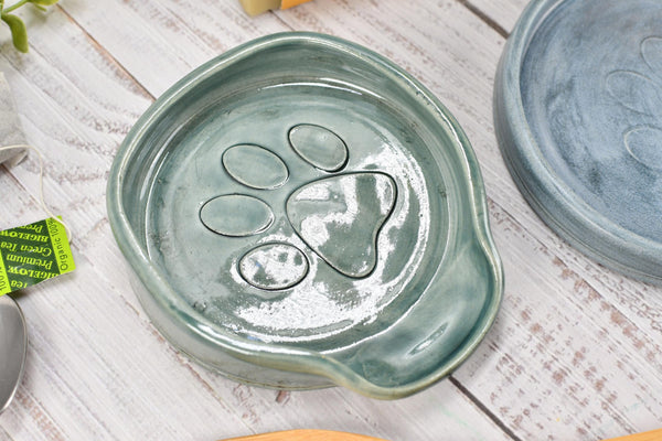 Paw Print Ceramic Spoon Rest Stove Top Wine Bottle Drip Dish Handmade Stoneware Pottery Dog Cat Animal Lover Gift Coworker Friend Mom Blue