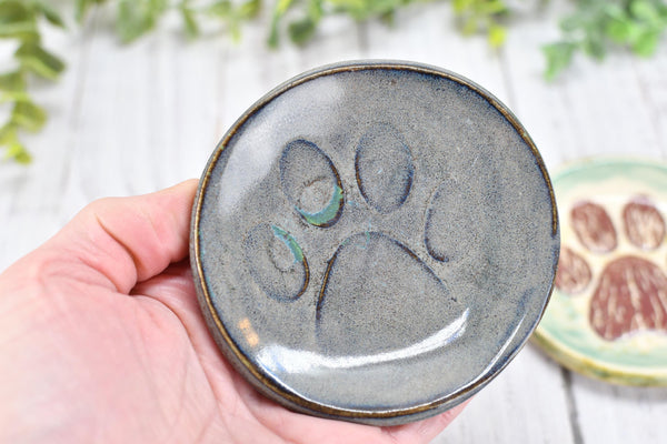 Paw Print Ceramic Small Coffee Spoon Rest, Jewelry Trinket Dish, Handmade Stoneware Pottery in Blue, Green, Teal, Brown, Black, Unique Gift
