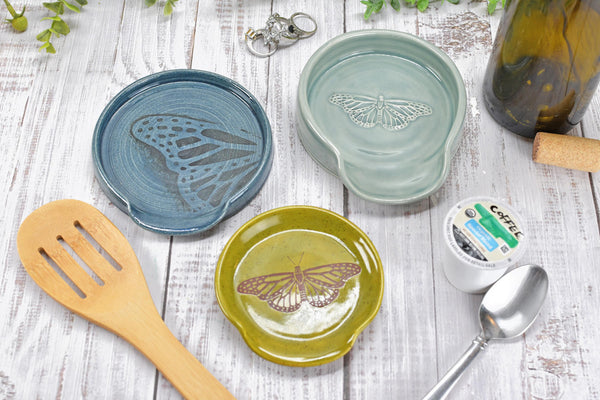 Butterfly Ceramic Spoon Rest Handmade Stoneware Pottery Stove Top Dining Soap Dish Jewelry Trinket Wine Bottle Drip Blue Green Gray Black