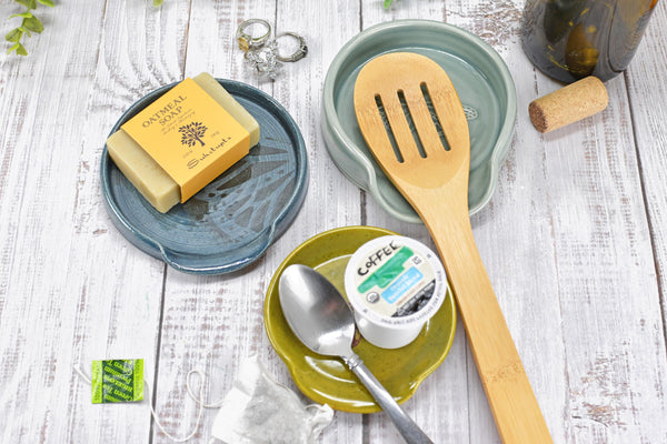 Butterfly Ceramic Spoon Rest Handmade Stoneware Pottery Stove Top Dining Soap Dish Jewelry Trinket Wine Bottle Drip Blue Green Gray Black