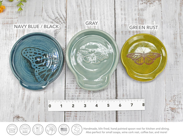 Butterfly Ceramic Spoon Rest Handmade Stoneware Pottery Stove Top Dining Soap Dish Jewelry Trinket Wine Bottle Drip Blue Green Gray Black