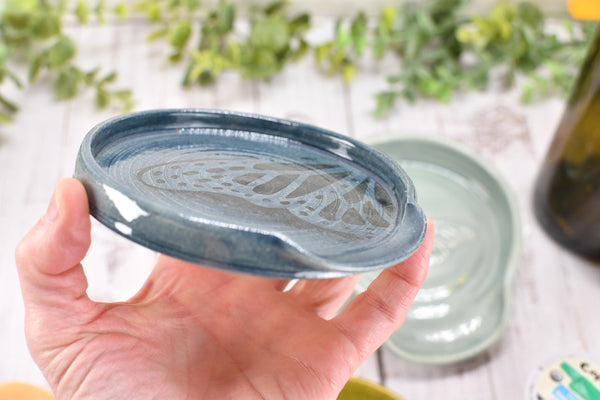 Butterfly Ceramic Spoon Rest Handmade Stoneware Pottery Stove Top Dining Soap Dish Jewelry Trinket Wine Bottle Drip Blue Green Gray Black