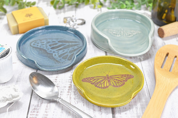 Butterfly Ceramic Spoon Rest Handmade Stoneware Pottery Stove Top Dining Soap Dish Jewelry Trinket Wine Bottle Drip Blue Green Gray Black