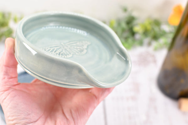 Butterfly Ceramic Spoon Rest Handmade Stoneware Pottery Stove Top Dining Soap Dish Jewelry Trinket Wine Bottle Drip Blue Green Gray Black