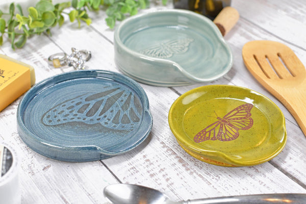 Butterfly Ceramic Spoon Rest Handmade Stoneware Pottery Stove Top Dining Soap Dish Jewelry Trinket Wine Bottle Drip Blue Green Gray Black