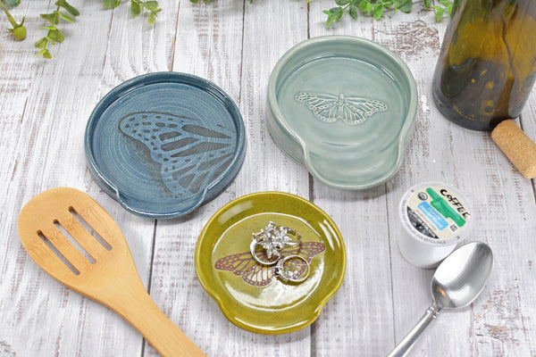 Butterfly Ceramic Spoon Rest Handmade Stoneware Pottery Stove Top Dining Soap Dish Jewelry Trinket Wine Bottle Drip Blue Green Gray Black