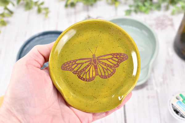 Butterfly Ceramic Spoon Rest Handmade Stoneware Pottery Stove Top Dining Soap Dish Jewelry Trinket Wine Bottle Drip Blue Green Gray Black
