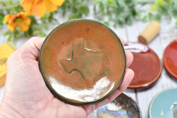 Texas Ceramic Small Coffee Spoon Rest, Handmade Jewelry Trinket Dish, Stoneware Pottery, Burnt Orange, Blue, Turquoise, Brown, Green, Black
