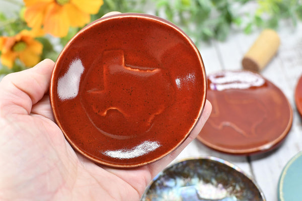 Texas Ceramic Small Coffee Spoon Rest, Handmade Jewelry Trinket Dish, Stoneware Pottery, Burnt Orange, Blue, Turquoise, Brown, Green, Black