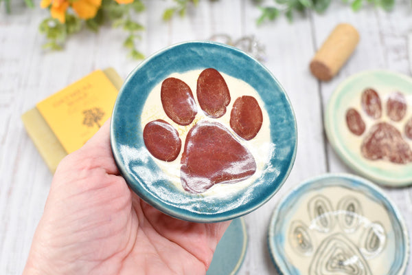 Paw Print Ceramic Small Coffee Spoon Rest, Jewelry Trinket Dish, Handmade Stoneware Pottery in Blue, Green, Teal, Brown, Black, Unique Gift