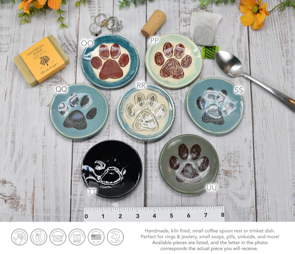 Paw Print Ceramic Small Coffee Spoon Rest, Jewelry Trinket Dish, Handmade Stoneware Pottery in Blue, Green, Teal, Brown, Black, Unique Gift