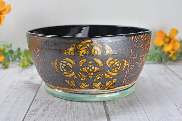 Ceramic Bowl Handmade Pottery Mediterranean Medium Salad Fruit Dish Stoneware Party Dining Serving Centerpiece Earthy Bronze Black SECONDS