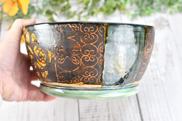 Ceramic Bowl Handmade Pottery Mediterranean Medium Salad Fruit Dish Stoneware Party Dining Serving Centerpiece Earthy Bronze Black SECONDS