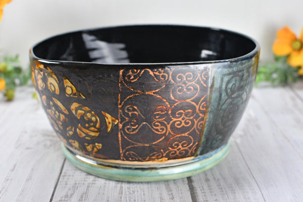 Ceramic Bowl Handmade Pottery Mediterranean Medium Salad Fruit Dish Stoneware Party Dining Serving Centerpiece Earthy Bronze Black SECONDS
