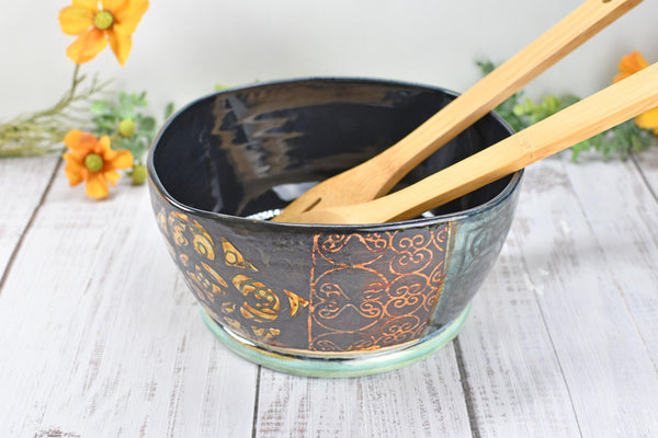 Ceramic Bowl Handmade Pottery Mediterranean Medium Salad Fruit Dish Stoneware Party Dining Serving Centerpiece Earthy Bronze Black SECONDS