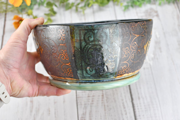 Ceramic Bowl Handmade Pottery Mediterranean Medium Salad Fruit Dish Stoneware Party Dining Serving Centerpiece Earthy Bronze Black SECONDS