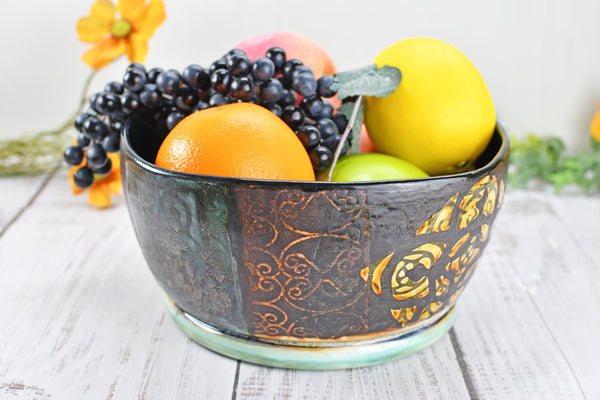 Ceramic Bowl Handmade Pottery Mediterranean Medium Salad Fruit Dish Stoneware Party Dining Serving Centerpiece Earthy Bronze Black SECONDS