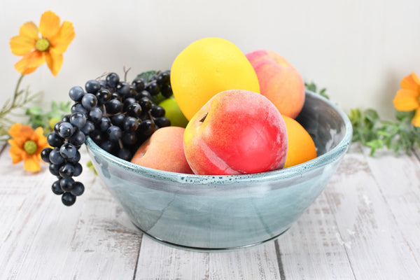 Ceramic Pottery Bowl Handmade, Blue Stoneware Medium Size Dish Party Serving Dining Fruit Salad Bread Pasta Housewarming Centerpiece