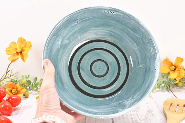 Ceramic Pottery Bowl Handmade, Blue Stoneware Medium Size Dish Party Serving Dining Fruit Salad Bread Pasta Housewarming Centerpiece