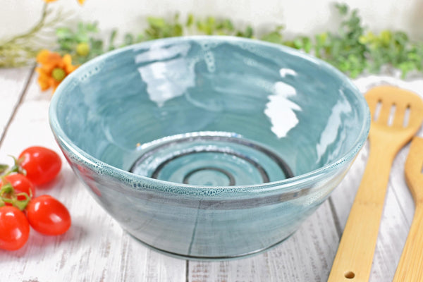 Ceramic Pottery Bowl Handmade, Blue Stoneware Medium Size Dish Party Serving Dining Fruit Salad Bread Pasta Housewarming Centerpiece