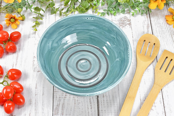 Ceramic Pottery Bowl Handmade, Blue Stoneware Medium Size Dish Party Serving Dining Fruit Salad Bread Pasta Housewarming Centerpiece