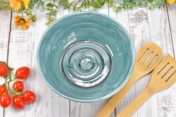 Ceramic Pottery Bowl Handmade, Blue Stoneware Medium Size Dish Party Serving Dining Fruit Salad Bread Pasta Housewarming Centerpiece