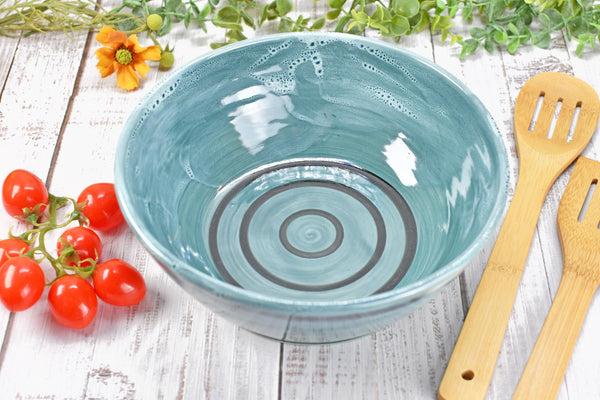 Ceramic Pottery Bowl Handmade, Blue Stoneware Medium Size Dish Party Serving Dining Fruit Salad Bread Pasta Housewarming Centerpiece