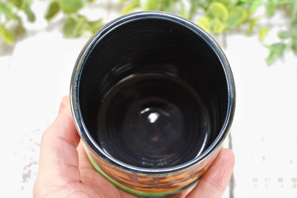 Bronze Whiskey Bourbon Cup, Pottery Anniversary Handmade Ceramic Tumbler Barware Wine Gift, Black, Green, Tan Mediterranean Moroccan SECONDS