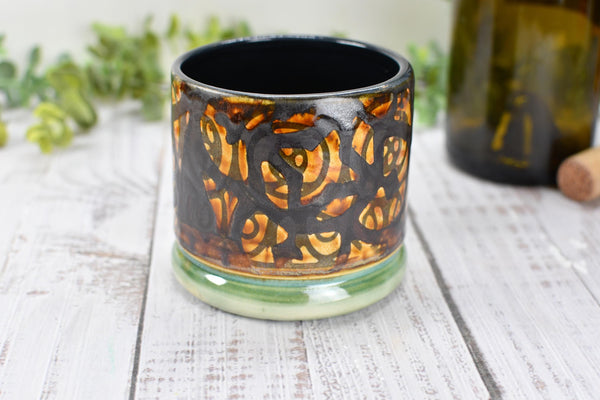 Bronze Whiskey Bourbon Cup, Pottery Anniversary Handmade Ceramic Tumbler Barware Wine Gift, Black, Green, Tan Mediterranean Moroccan SECONDS