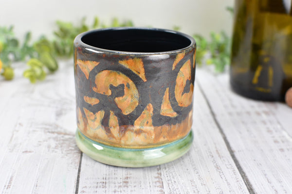 Bronze Whiskey Bourbon Cup, Pottery Anniversary Handmade Ceramic Tumbler Barware Wine Gift, Black, Green, Tan Mediterranean Moroccan SECONDS