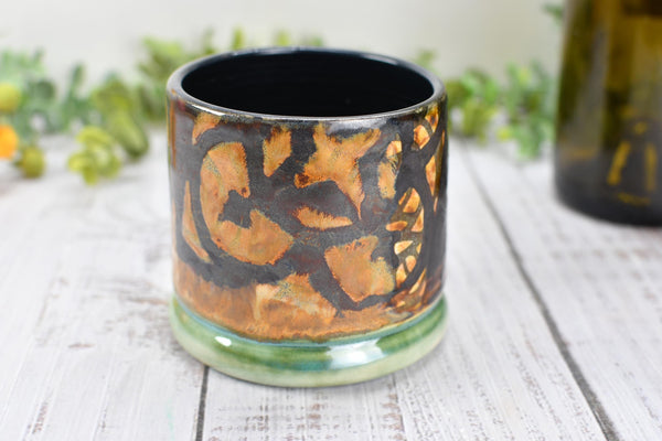 Bronze Whiskey Bourbon Cup, Pottery Anniversary Handmade Ceramic Tumbler Barware Wine Gift, Black, Green, Tan Mediterranean Moroccan SECONDS
