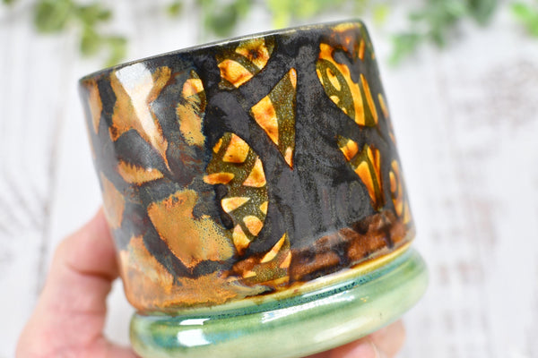 Bronze Whiskey Bourbon Cup, Pottery Anniversary Handmade Ceramic Tumbler Barware Wine Gift, Black, Green, Tan Mediterranean Moroccan SECONDS