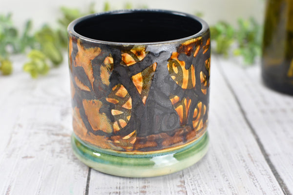 Bronze Whiskey Bourbon Cup, Pottery Anniversary Handmade Ceramic Tumbler Barware Wine Gift, Black, Green, Tan Mediterranean Moroccan SECONDS