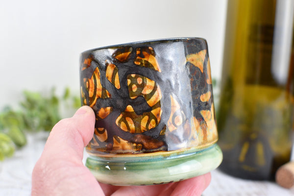 Bronze Whiskey Bourbon Cup, Pottery Anniversary Handmade Ceramic Tumbler Barware Wine Gift, Black, Green, Tan Mediterranean Moroccan SECONDS