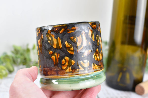 Bronze Whiskey Bourbon Cup, Pottery Anniversary Handmade Ceramic Tumbler Barware Wine Gift, Black, Green, Tan Mediterranean Moroccan SECONDS