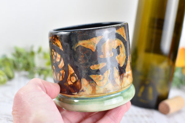 Bronze Whiskey Bourbon Cup, Pottery Anniversary Handmade Ceramic Tumbler Barware Wine Gift, Black, Green, Tan Mediterranean Moroccan SECONDS