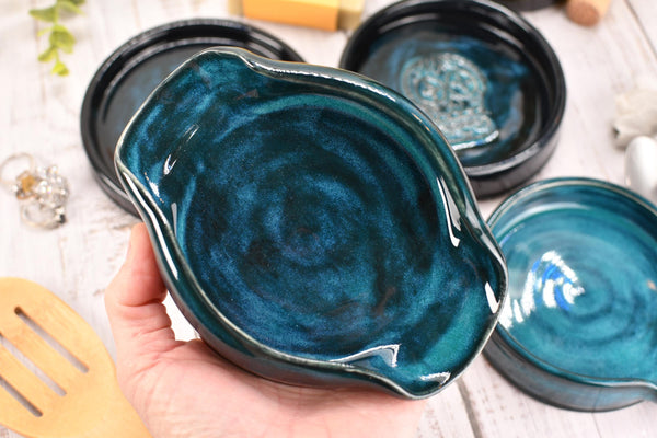 Blue Teal Ceramic Spoon Rest, Turquoise Handmade Small, Medium, Large Pottery for Stovetop, Table Counter - Housewarming Christmas Gift