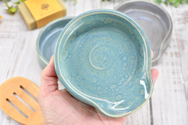 Beachy Ceramic Spoon Rest, Blue Sage Lavender Handmade Large Pottery for Stovetop, Table Counter - Housewarming Christmas Gift Ocean Decor