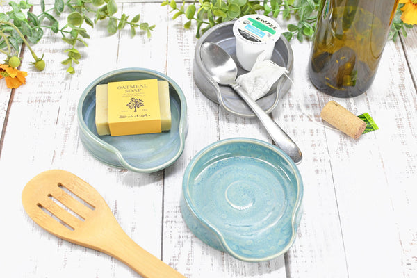 Beachy Ceramic Spoon Rest, Blue Sage Lavender Handmade Large Pottery for Stovetop, Table Counter - Housewarming Christmas Gift Ocean Decor