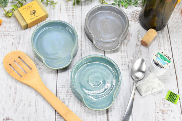 Beachy Ceramic Spoon Rest, Blue Sage Lavender Handmade Large Pottery for Stovetop, Table Counter - Housewarming Christmas Gift Ocean Decor