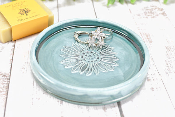 Sunflower Ceramic Spoon Rest, Blue Black Handmade Pottery for Stovetop, Wine Bottle Drip Dish Dining Table - Housewarming Christmas Gift