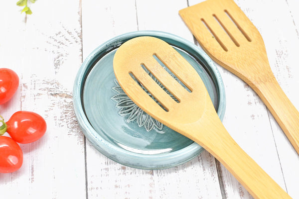 Sunflower Ceramic Spoon Rest, Blue Black Handmade Pottery for Stovetop, Wine Bottle Drip Dish Dining Table - Housewarming Christmas Gift