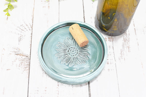 Sunflower Ceramic Spoon Rest, Blue Black Handmade Pottery for Stovetop, Wine Bottle Drip Dish Dining Table - Housewarming Christmas Gift