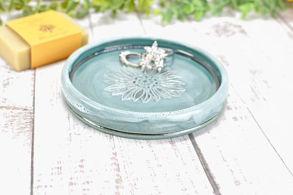 Sunflower Ceramic Spoon Rest, Blue Black Handmade Pottery for Stovetop, Wine Bottle Drip Dish Dining Table - Housewarming Christmas Gift