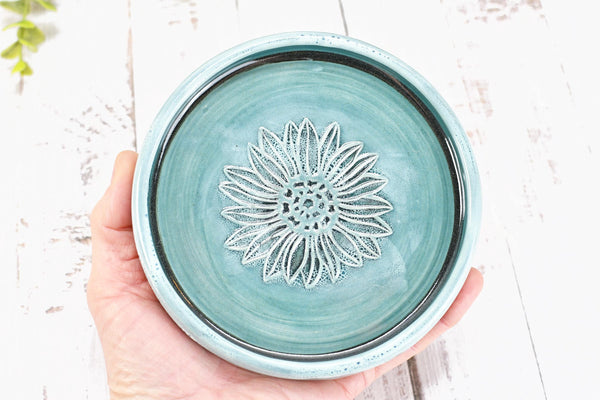 Sunflower Ceramic Spoon Rest, Blue Black Handmade Pottery for Stovetop, Wine Bottle Drip Dish Dining Table - Housewarming Christmas Gift