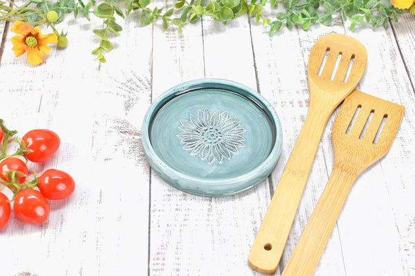 Sunflower Ceramic Spoon Rest, Blue Black Handmade Pottery for Stovetop, Wine Bottle Drip Dish Dining Table - Housewarming Christmas Gift