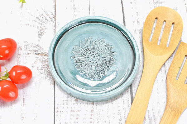Sunflower Ceramic Spoon Rest, Blue Black Handmade Pottery for Stovetop, Wine Bottle Drip Dish Dining Table - Housewarming Christmas Gift