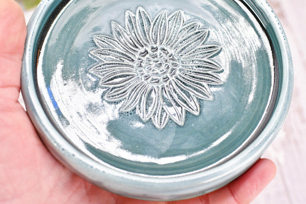 Sunflower Ceramic Spoon Rest, Blue Black Handmade Pottery for Stovetop, Wine Bottle Drip Dish Dining Table - Housewarming Christmas Gift